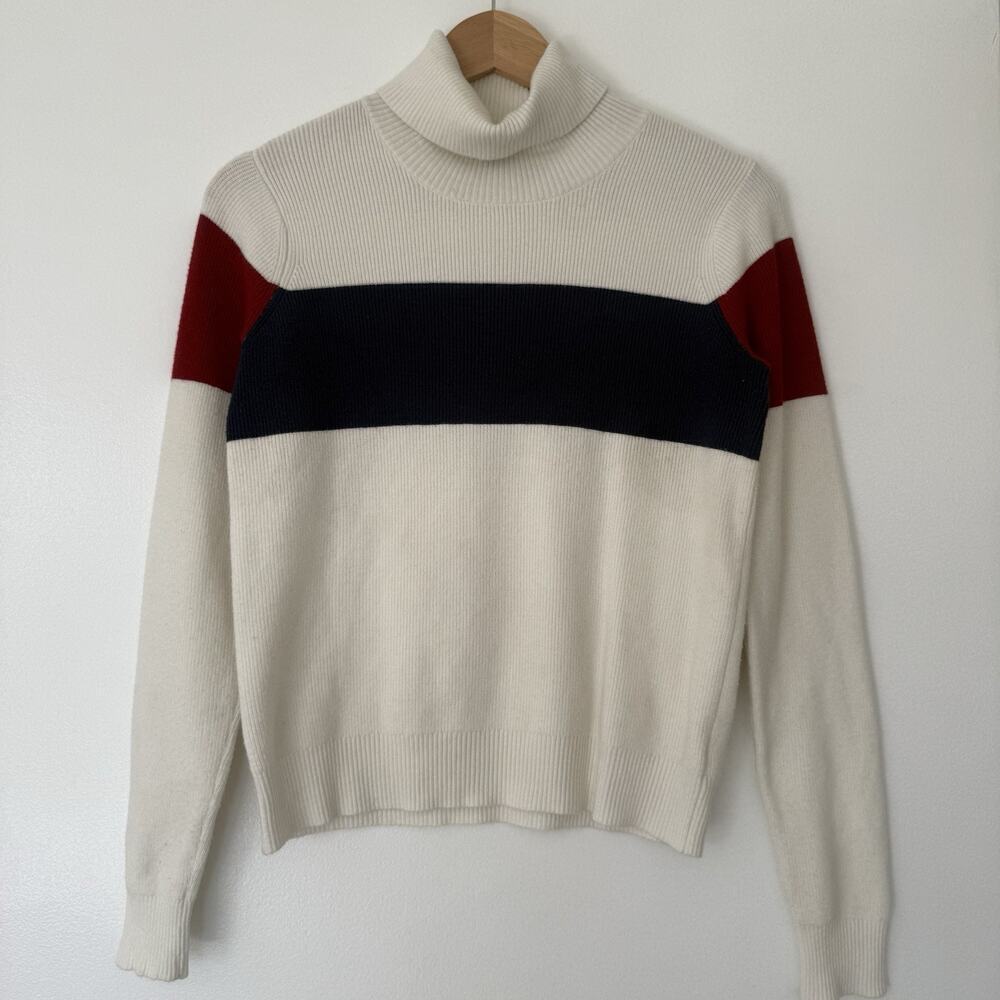 By Anthropologie White Ribbed Turtleneck Ski Sweater Colorblock Stretch Preppy S